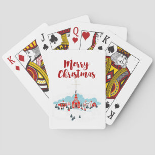 Vinterscen med en röd kyrka och julstjärna spel kort