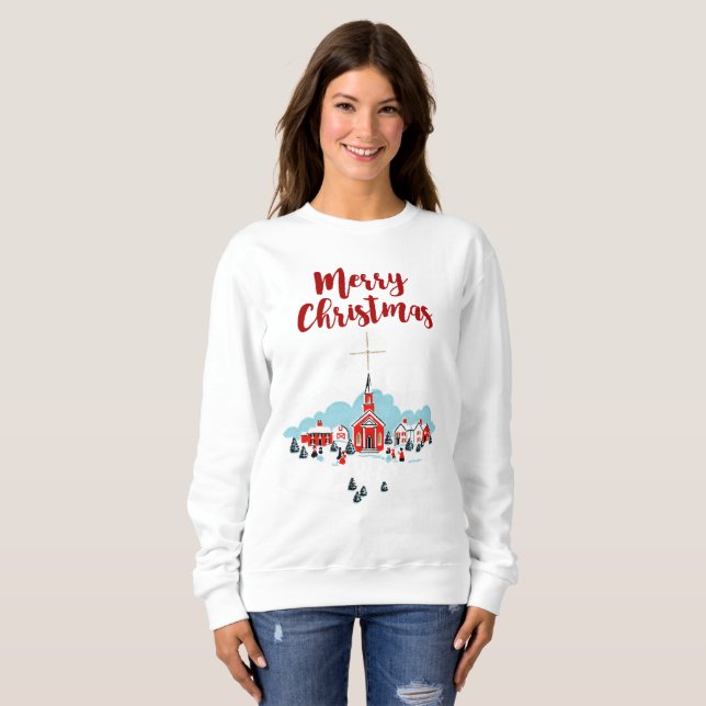 Vinterscen med en röd kyrka och julstjärna tee shirt (Hel framsida)