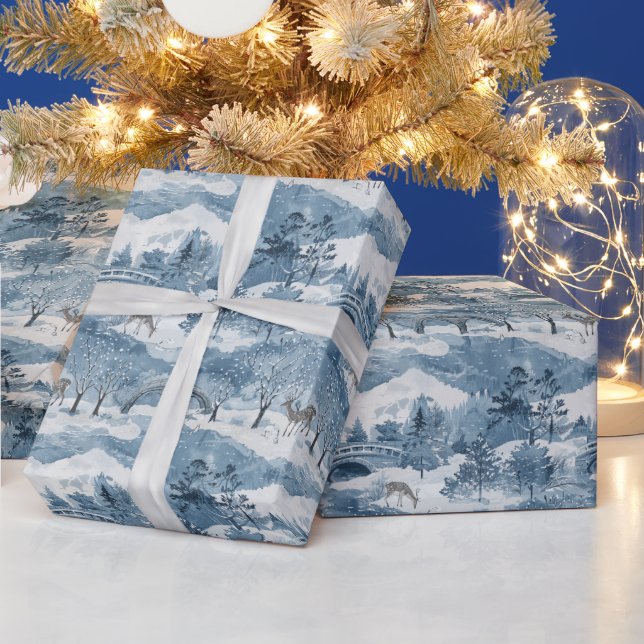 Vinterscen med ett snurrande liggande och en Hjort Presentpapper (Helgdagar)