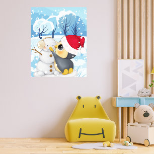 Vinterscen med pingvin och snöman poster