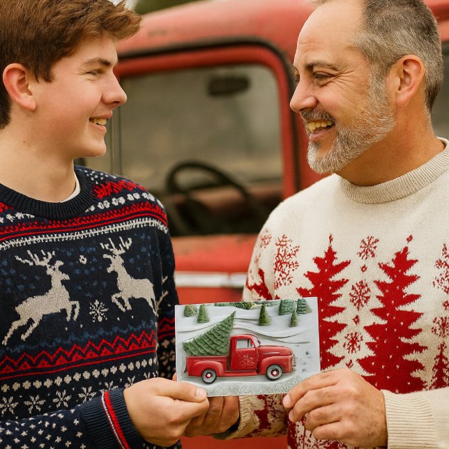 Vinterscen med röd lastbil jul helgkort (Red truck Christmas card for Dad or Grandpa perfect for sons, teens, and truck lovers.)