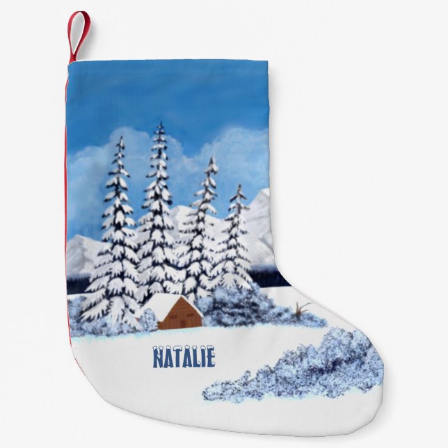 Vinterscen med snö liten julstrumpa (Framsidan)