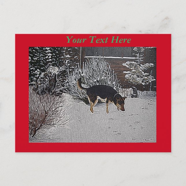 Vinterscen med söt svartbrun hund på julafton vykort (Framsida)