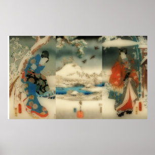 vinterscen - vintage japansk konsttriptych poster