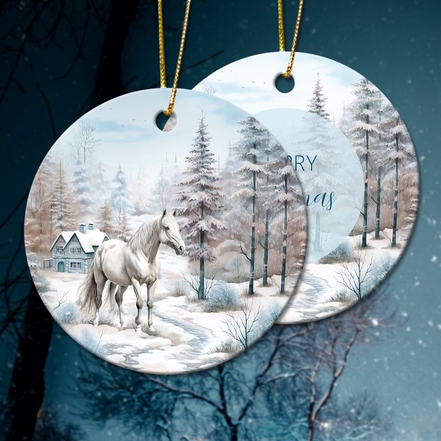 Vinterscenen i snö, jul julgransprydnad keramik (Horse winter scene snow forest Christmas Ceramic Ornament)