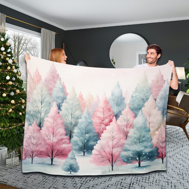 Vinterscenen Mint och Rosa Fir Träd Fleecefilt (Skapare uppladdad)