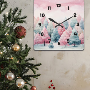 Vinterscenen Mint och Rosa Fir Träd Fyrkantig Klocka