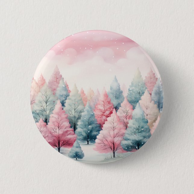 Vinterscenen Mint och Rosa Fir Träd Knapp (Framsida)