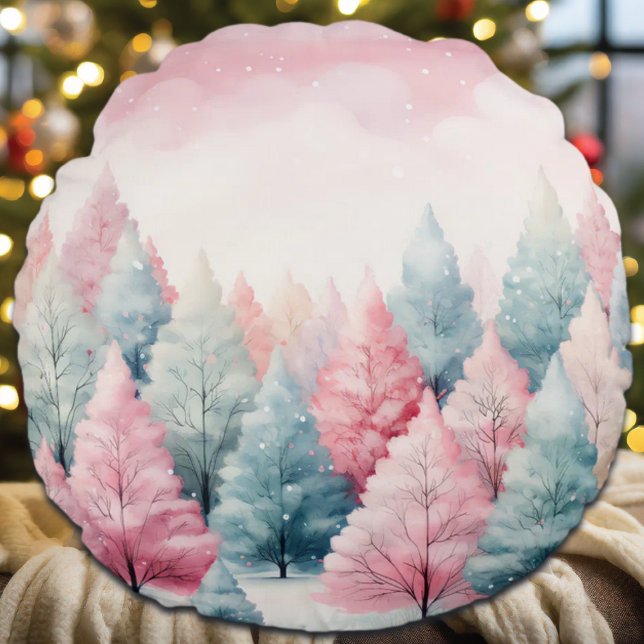 Vinterscenen Mint och Rosa Fir Träd Rund Kudde (Skapare uppladdad)