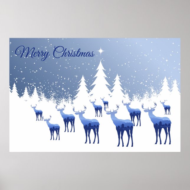 Vinterscenen poster blå Hjort-God jul (Framsidan)