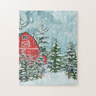 Vinterscenen Red Barn Fir Träd Snö Pussel