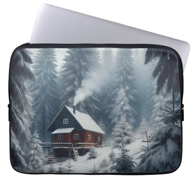 Vintersceneri med snö och tallar i en stuga laptop fodral (Framsidan)