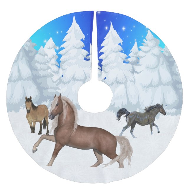 Vinterscenhästar och juljul i Snö Träd Julgransmatta Borstad Polyester (Framsidan)