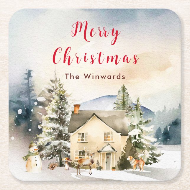 VinterSemesterstuga God Jul Underlägg Papper Kvadrat (Framsidan)