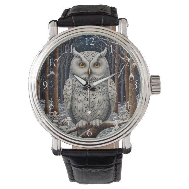 Vinterskog för elegant boho vit uggla armbandsur (Framsida)
