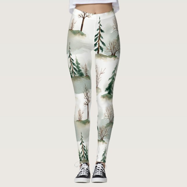 Vinterskog: Handritad Grönt oskärpa Leggings (Framsida)
