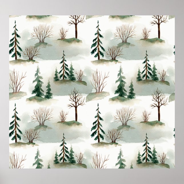 Vinterskog: Handritad Grönt oskärpa Poster (Framsidan)