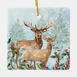 Vinterskog, hjort, logghabin, keramiska prydnadsfö julgransprydnad keramik