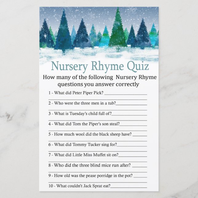 vinterskog Nursery Rhyme Quiz babyduschspel (Framsida)