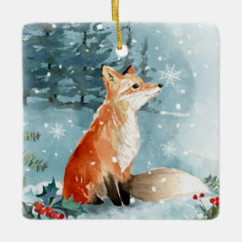 Vinterskog, räv, logghabin keramiskt prydnadsförem julgransprydnad keramik