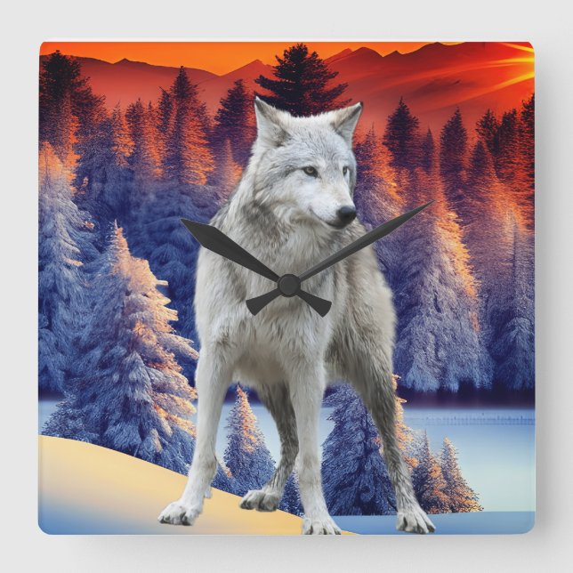 Vinterskog, soluppgång Temat Square Wall Clock Fyrkantig Klocka (Framsida)