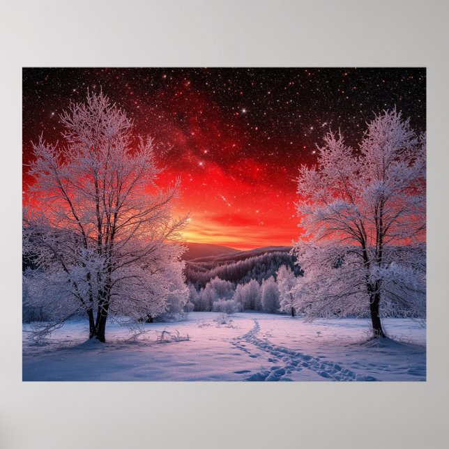 Vinterskog under röd solnedgång Cinematic natur ❄ Poster (Framsidan)