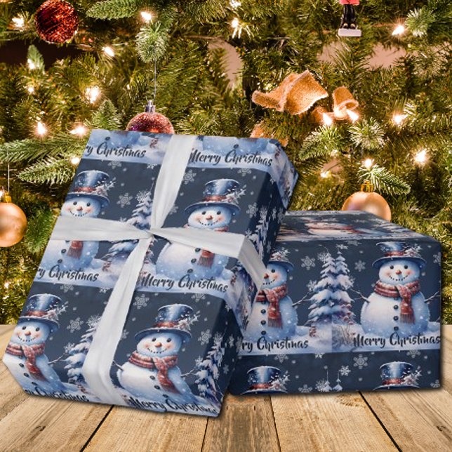 Vinterskogen Snögubbe jul | Blå Presentpapper (Winter Forest Snowman Christmas Wrapping Paper)
