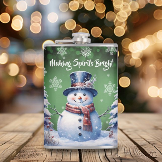 Vinterskogen Snögubbe jul | Grönt Fickplunta (Green Winter Forest Snowman Christmas Flask)