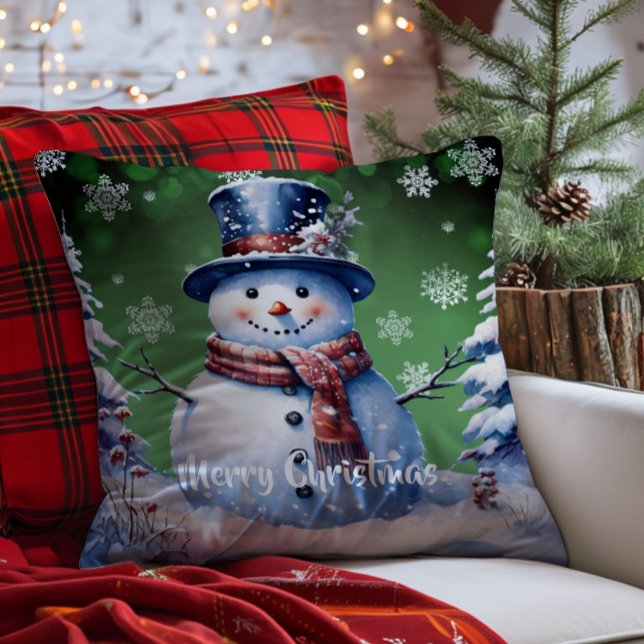 Vinterskogen Snögubbe jul | Grönt Kudde (Green Winter Forest Snowman Christmas Throw Pillow)