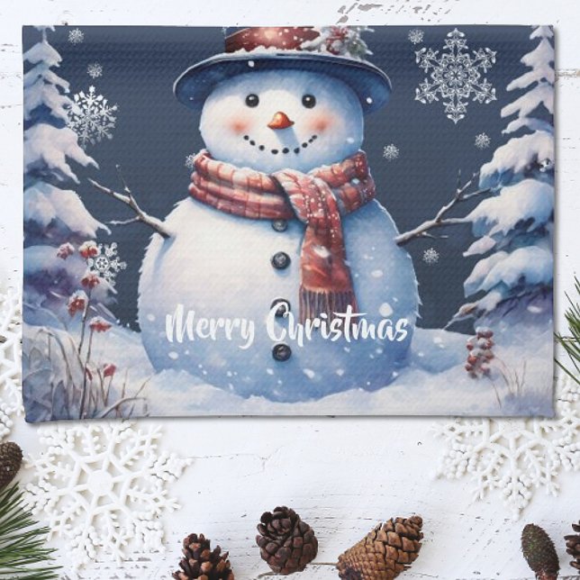 Vinterskogen Snögubbe jul Kökshandduk (Winter Forest Snowman Christmas Kitchen Towel)
