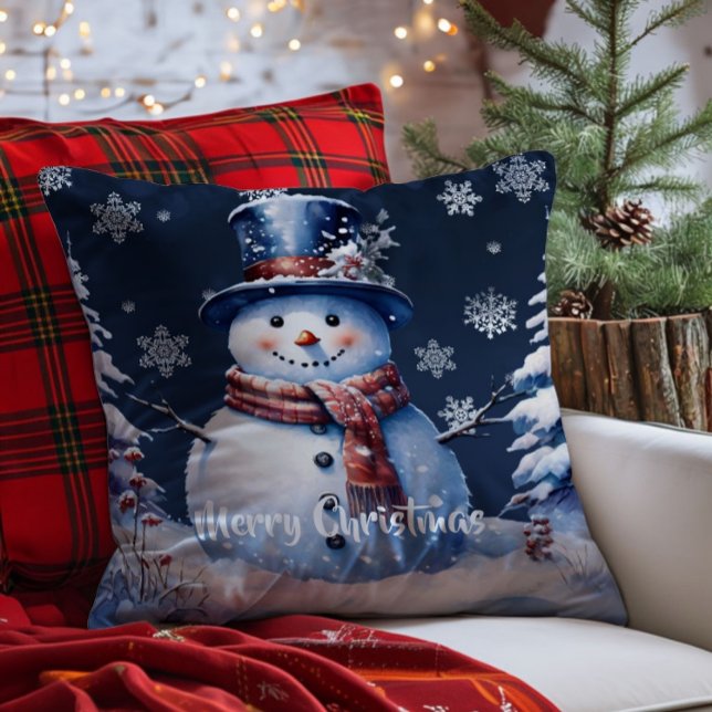 Vinterskogen Snögubbe jul Kudde (Blue Winter Forest Snowman Christmas Throw Pillow)