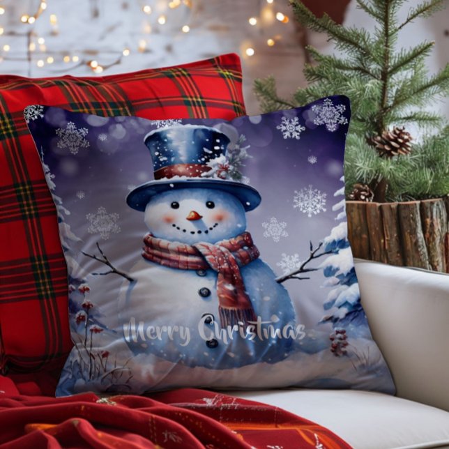 Vinterskogen Snögubbe jul | Lila Kudde (Purple Winter Forest Snowman Christmas Throw Pillow)