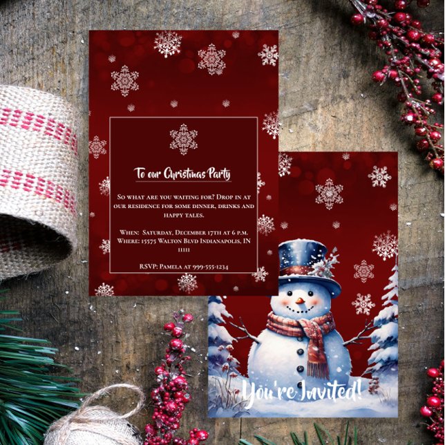 Vinterskogen Snögubbe jul | Red Party Inbjudningar (Red Winter Forest Snowman Christmas Party Invitation)