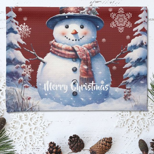 Vinterskogen Snögubbe jul | Röd Kökshandduk (Red Winter Forest Snowman Christmas Kitchen Towel)