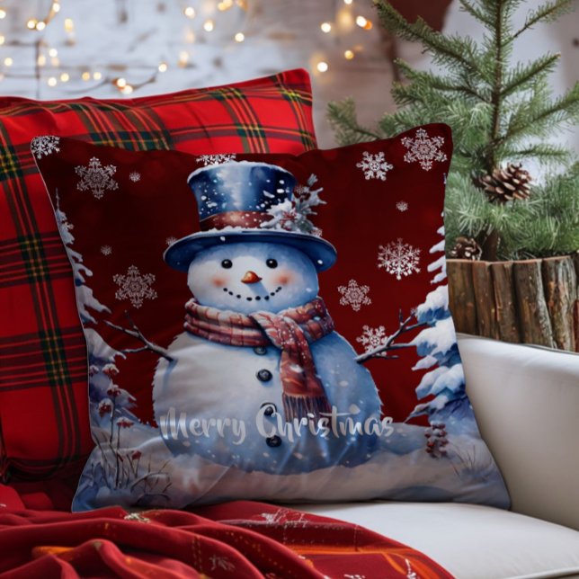 Vinterskogen Snögubbe jul | Röd Kudde (Red Winter Forest Snowman Christmas Throw Pillow)