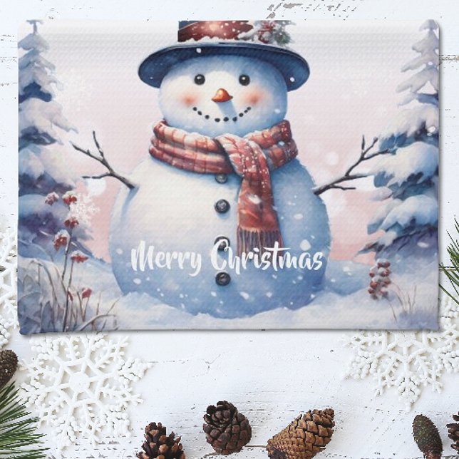 Vinterskogen Snögubbe jul | Rosa Kökshandduk (Pink Winter Forest Snowman Christmas Kitchen Towel)