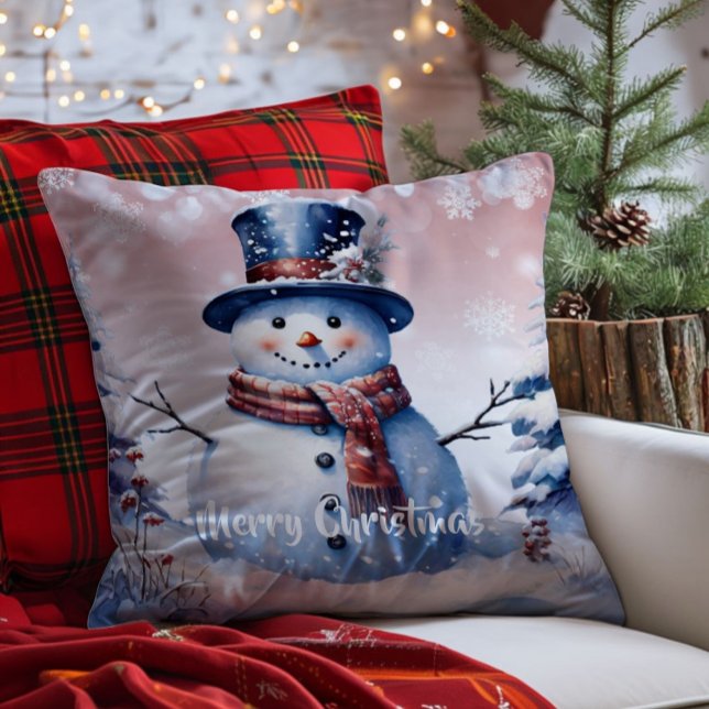 Vinterskogen Snögubbe jul | Rosa Kudde (Pink Winter Forest Snowman Christmas Throw Pillow)
