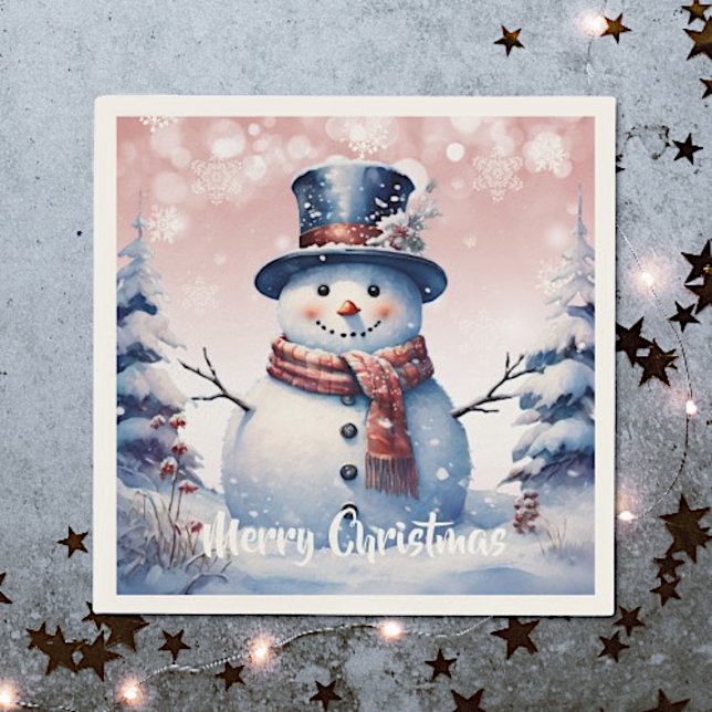 Vinterskogen Snögubbe jul | Rosa Pappersservett (Pink Winter Forest Snowman Christmas Napkins)