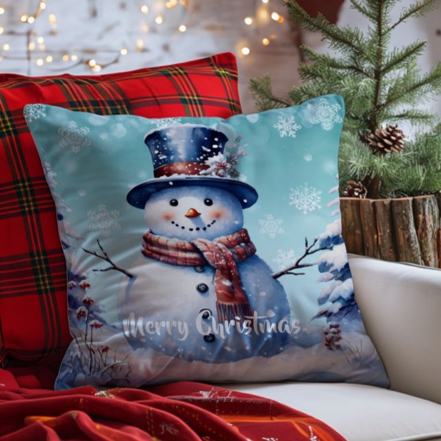 Vinterskogen Snögubbe jul | Teal Kudde (Teal Winter Forest Snowman Christmas Throw Pillow)