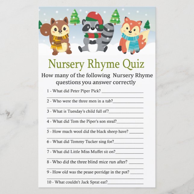 Vinterskogsdjur Nursery Rhyme Quiz-vilt (Framsida)