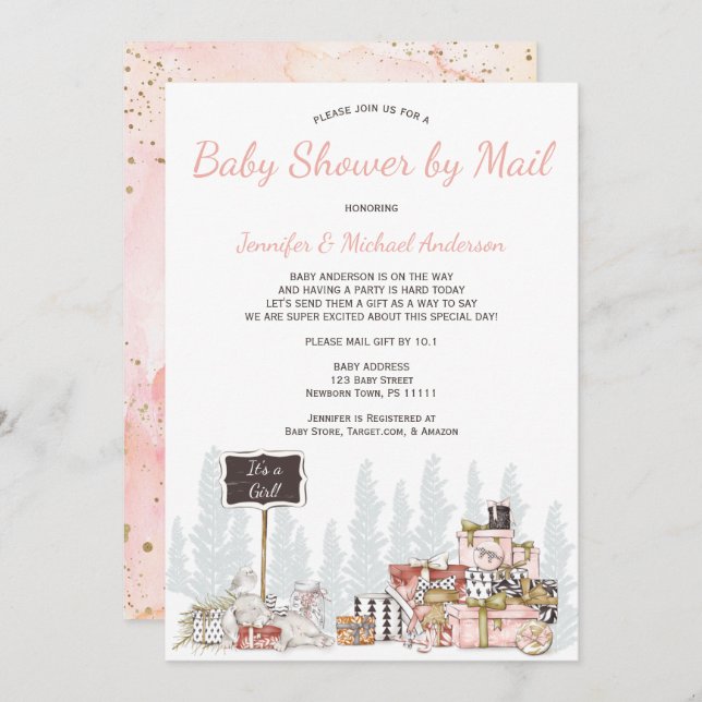 Vinterskogsland Rosa Bunny Baby Shower by Mail Inbjudningar (Fram/baksida)