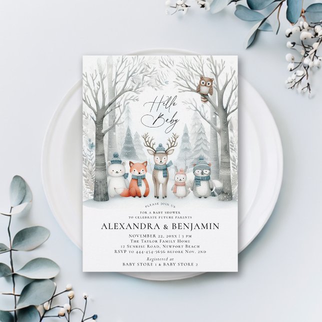 Vinterskogsträtt Djuren Kodade Babyskor Inbjudningar (winter baby shower invitation neutral white wonderland enchanted forest woodland animals coed modern)