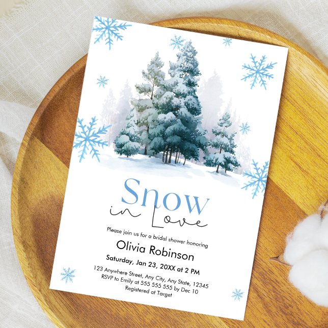 Vintersnö i kärlek Snöflingor Bröllopsdusch  Inbjudningar (Winter Pine Trees Snow in Love Snowflakes Bridal Shower Invitation )
