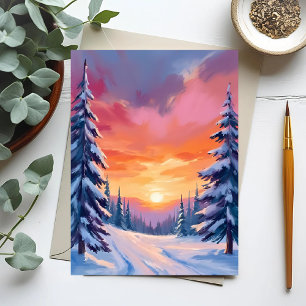 Vintersnö solnedgång Pastell vattenfärg målning Vykort