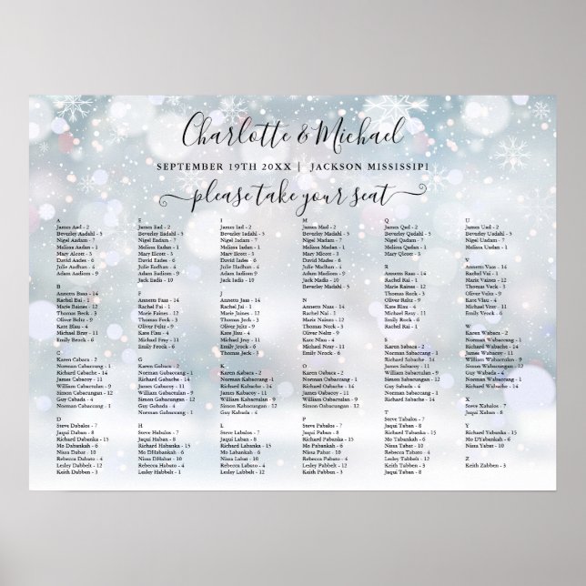 Vintersnöflingor 200 namn Bröllopsplatskarta Poster (Framsidan)