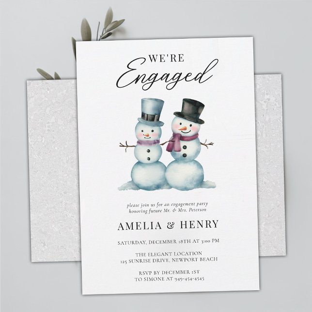 VinterSnögubbar - Förlovningsfesten Ljud av cute Inbjudningar (funny casual engagement party snowman winter cute humor watercolor snow in love were engaged)