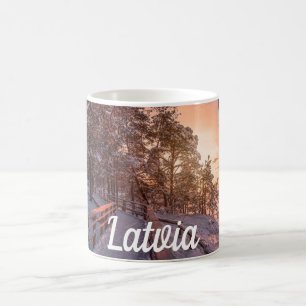 Vintersolnedgång i gräs-skogen nära havs kaffemugg