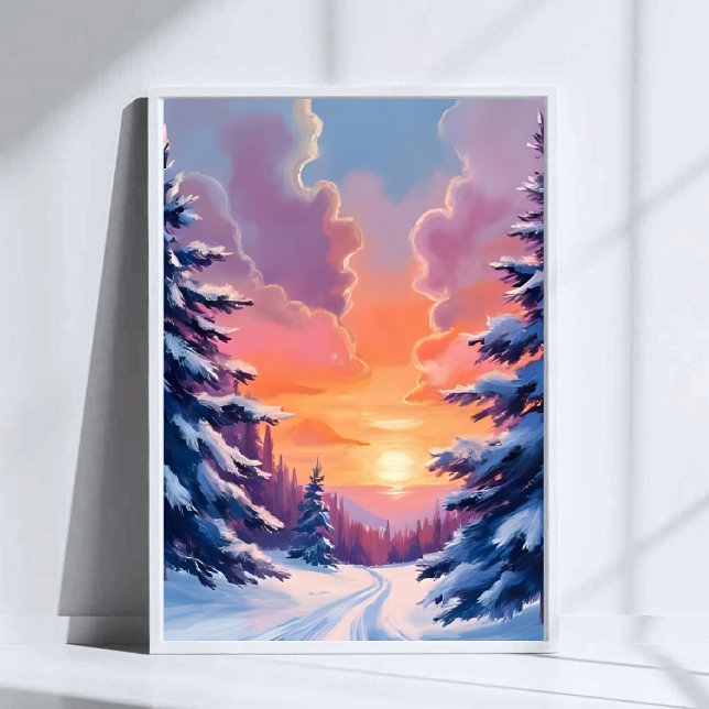 Vintersolnedgång i snö | Vattenfärg landskapsmålni Poster (Skapare uppladdad)