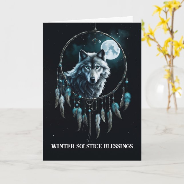 Vintersolstånd med varg i drömmfångarens måne  kort (Gul blomma)
