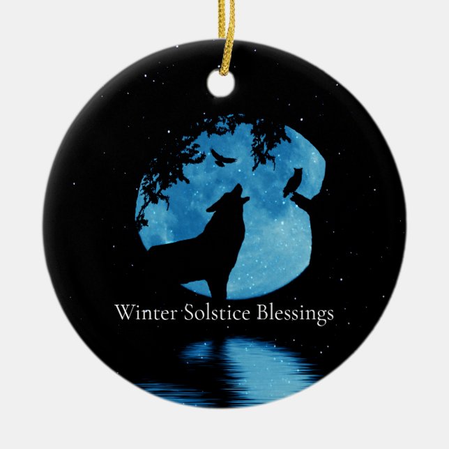 Vintersolstånd Varg Ugglor och Vintermånad Julgransprydnad Keramik (Framsidan)